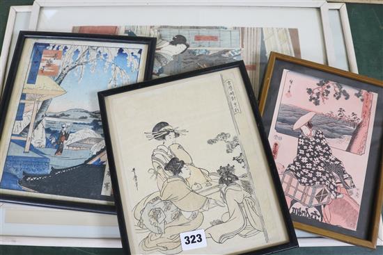 Five Japanese woodblock prints, largest 36 x 25cm